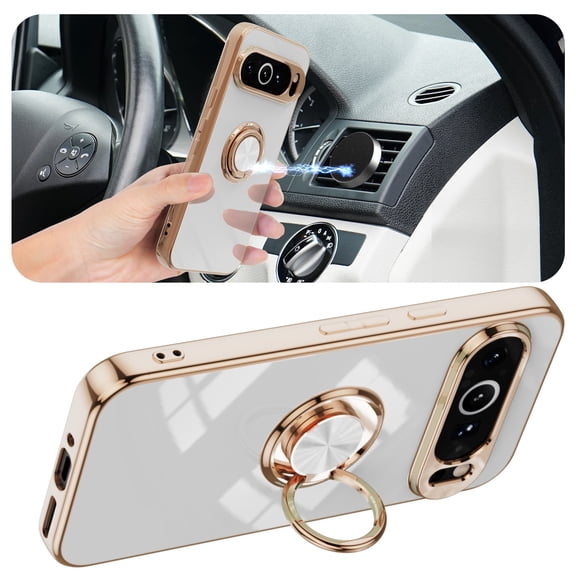 Decase Case for Google Pixel 9 / 9 Pro, fit Google Pixel 9 / 9 Pro Case with Ring Magnetic Stand Luxury Plating Soft TPU Slim Fit Case for Google Pixel 9 / 9 Pro,White