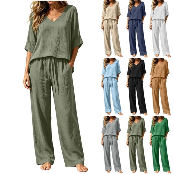 Purcolt 2 Piece Outfits for Women Cotton Linen V Neck High Low Top Drawstring Wide Leg Pants Set Vacation Beach Travel Lounge Outfit