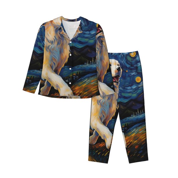Balery Vintage Starry Sky Labrador A Conjunto de Pijama con Estampado para Mujer, Conjunto de Dos Piezas con Manga Larga, Ropa de Dormir Suave con Bolsillos, Pijamas Cómodos-XX-Large