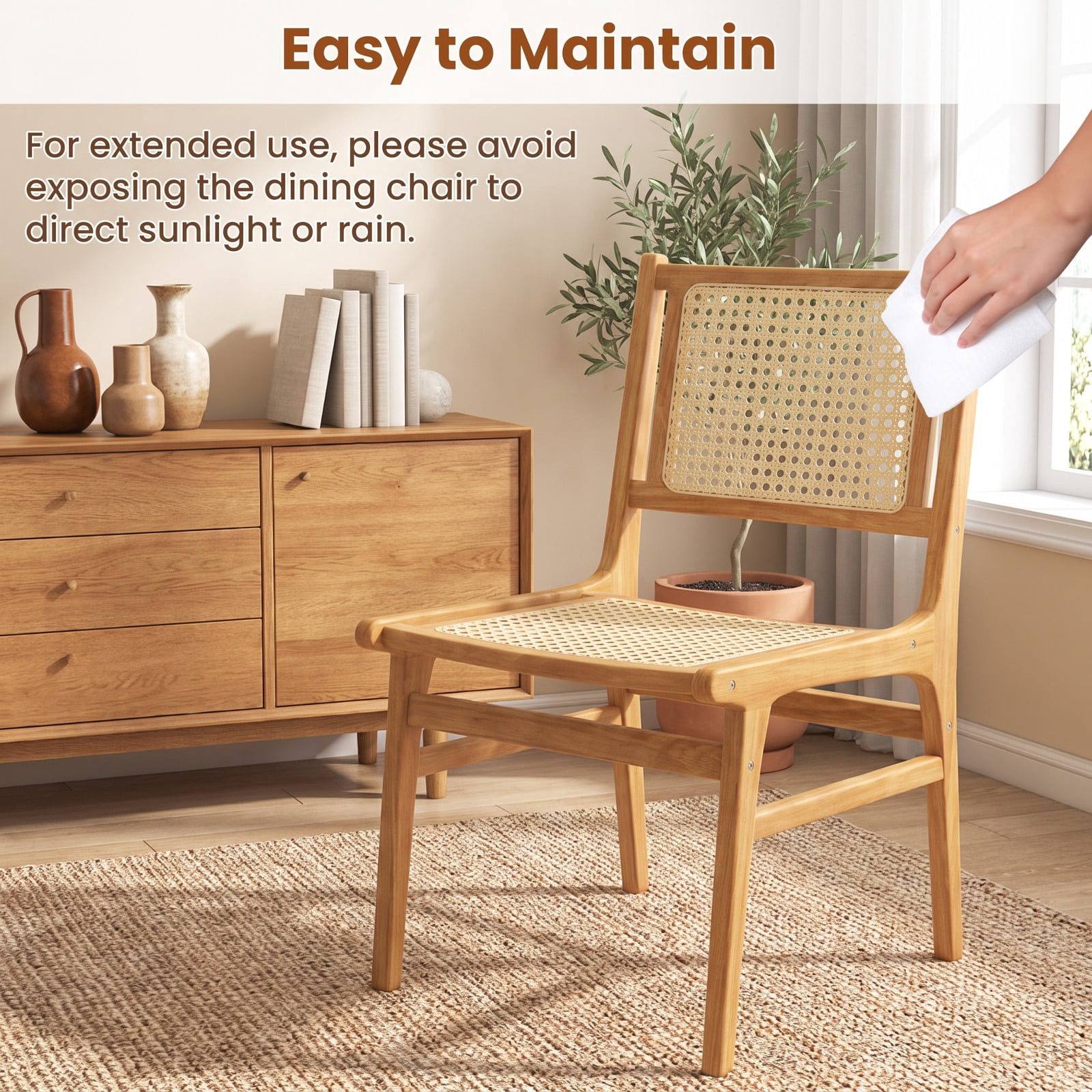 Furnibear Rattan Dining Chair with Natural Cane Woven Backrest and Teak Wood Frame