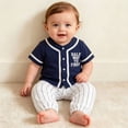 thumbnail image 4 of mgoYE 2Pcs Toddler Baby Boy Summer Baseball Outfit Set 6-12 Months Short Sleeve Baseball Button T-Shirt Top and Striped Pants Clothes Blue, 4 of 6