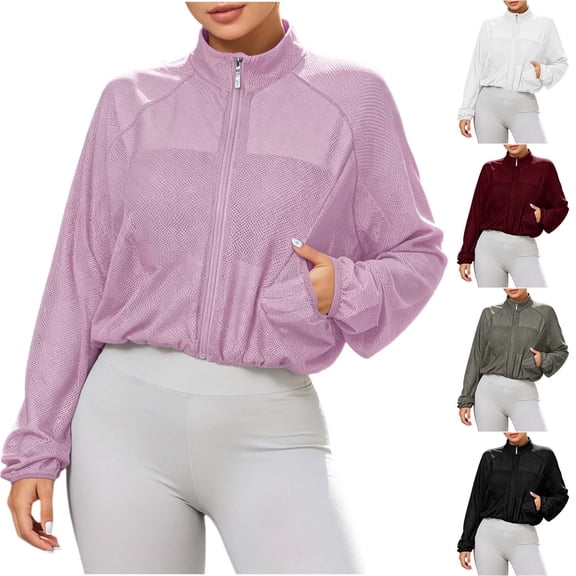 Inverlee Women's Stand Collar Mesh Zip Up Cropped Athletic Jacket Lightweight Breathable Windbreaker Trendy Solid Gym Runing Outwear Black M
