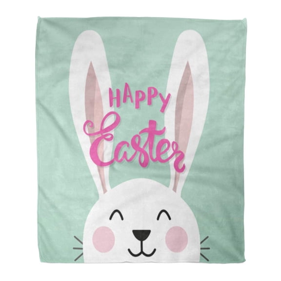 SIDONKU Throw Blanket 50x60 Inches Kids Easter Bunny with Phrase Happy Text Calligraphic Calligraphy Children Warm Flannel Soft Blanket for Couch Sofa Bed