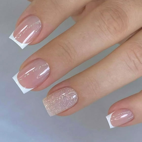 White Glitters French Square Fake Nails 24Pcs Short Press On Nails Shinys Surfaces Design For Women Office Event Specials Occasions