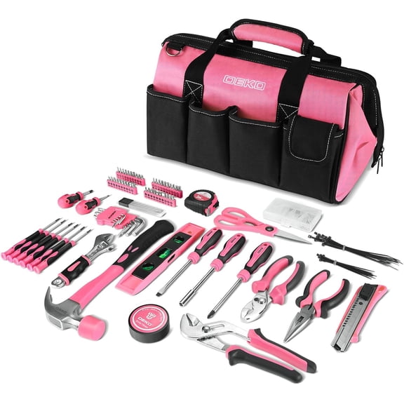 (Open Box) DEKOPRO Pink Tool Set, 180-Piece Pink Tool Kit for women, Home Repairing Tool Kit with Wide Mouth Open Storage Tool Bag, Household Hand Tool Set for DIY, Best Gifts
