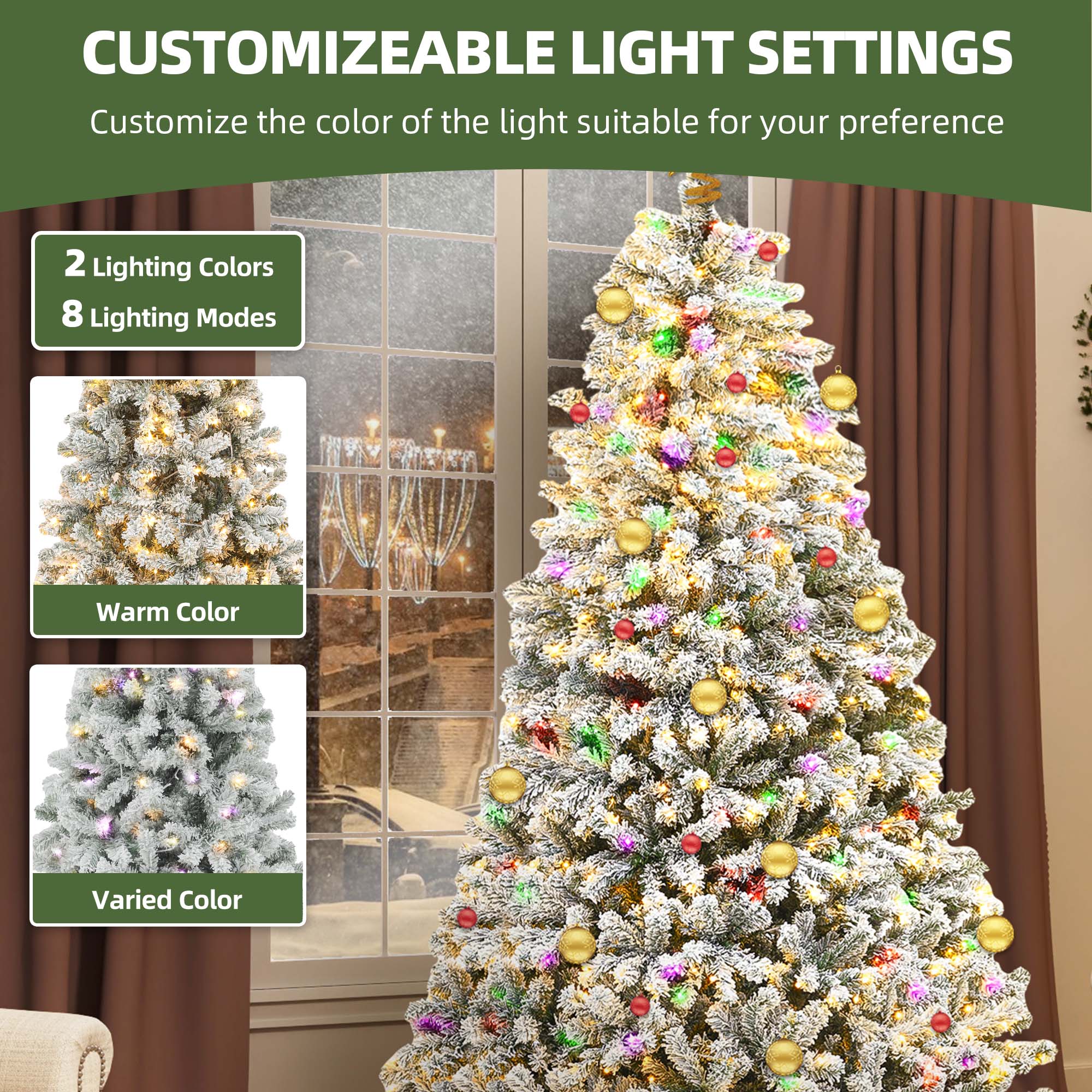 Uforic 7.5ft Pre-lit Snow Flocked Christmas Tree with 1450 Branch Tips & 550 Lights, Christmas Pine Tree with Remote, 11 Light Modes,Green