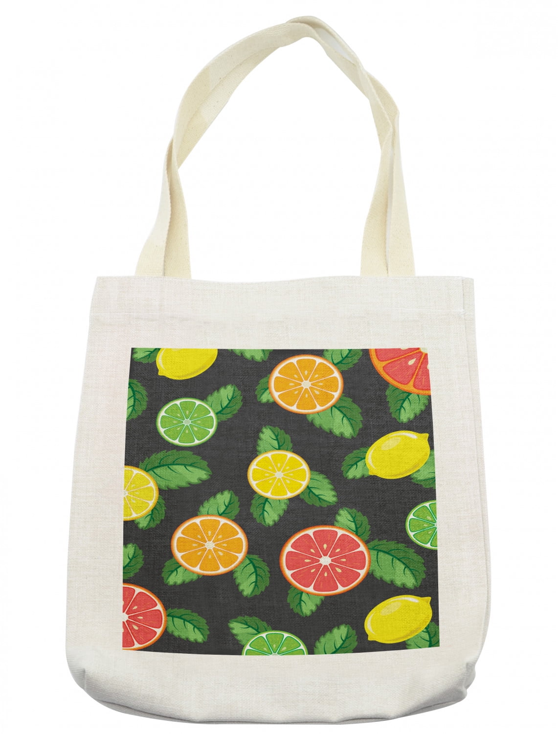 Fruits Tote Bag, Citrus Leaves Rhythmic Print on Dark Backdrop, Cloth