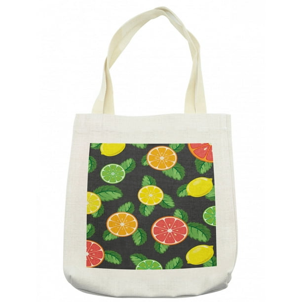 Fruits Tote Bag, Citrus Leaves Rhythmic Print on Dark Backdrop, Cloth ...