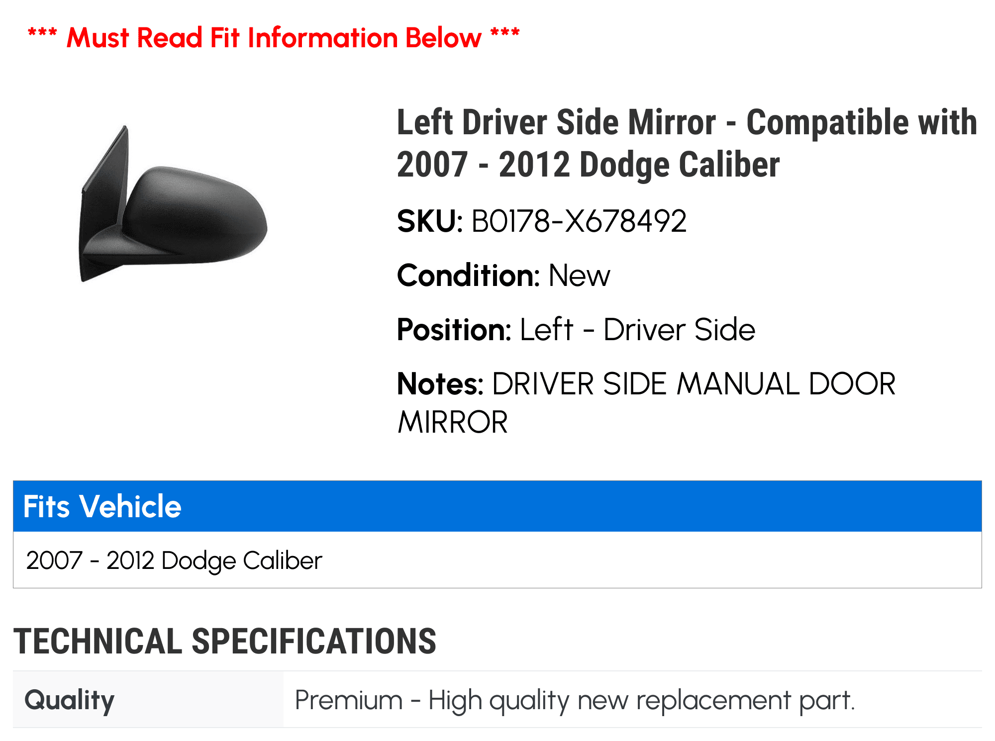 Left Driver Side Mirror - Compatible with 2007 - 2012 Dodge Caliber 2008 2009 2010 2011