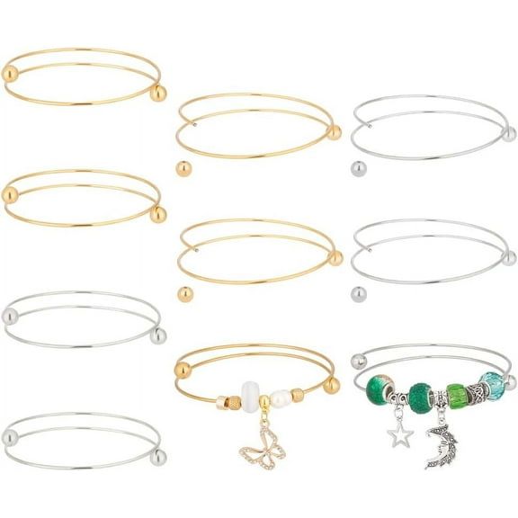 10pcs 2.5 Inch Expandable Blank Bangle Bracelets with Removable Ball Bead - Gold & Silver Stainless Steel Wire Bangle Blank Cuff Bracelets for Jewelry Making