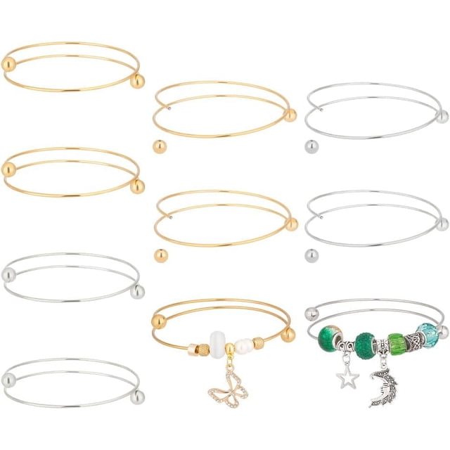 10 pulseras rígidas expandibles de 2,5 pulgadas con cuentas de bola extraíbles - Pulseras rígidas de alambre de acero inoxidable dorado y plateado