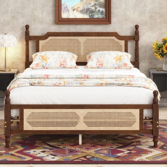 Queen Pine Wooden Bed featuring Rattan Headboard & Footboard, Central Enhanced Platform, Walnut