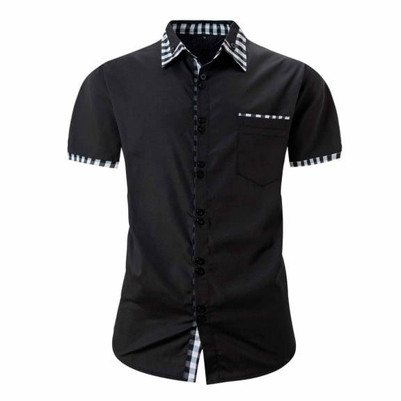 LADIGASU Man Fashion Leisure Button Pocket Flip Collar Lattice Short Sleeve Shirt