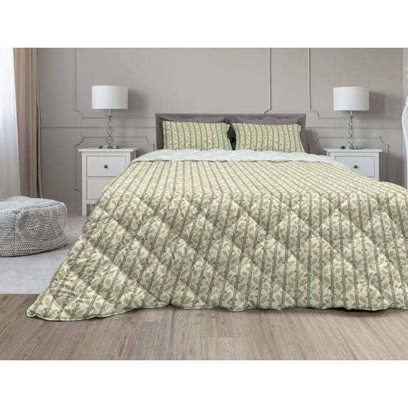 Botanical Comforter & Sham Bedding Set, Vintage Style Thorny Branches with Leaves, 3 pcs Duvet Set Microfiber Filling Quilt, 5 Sizes, Cream Pale Sage Green, by Ambesonne