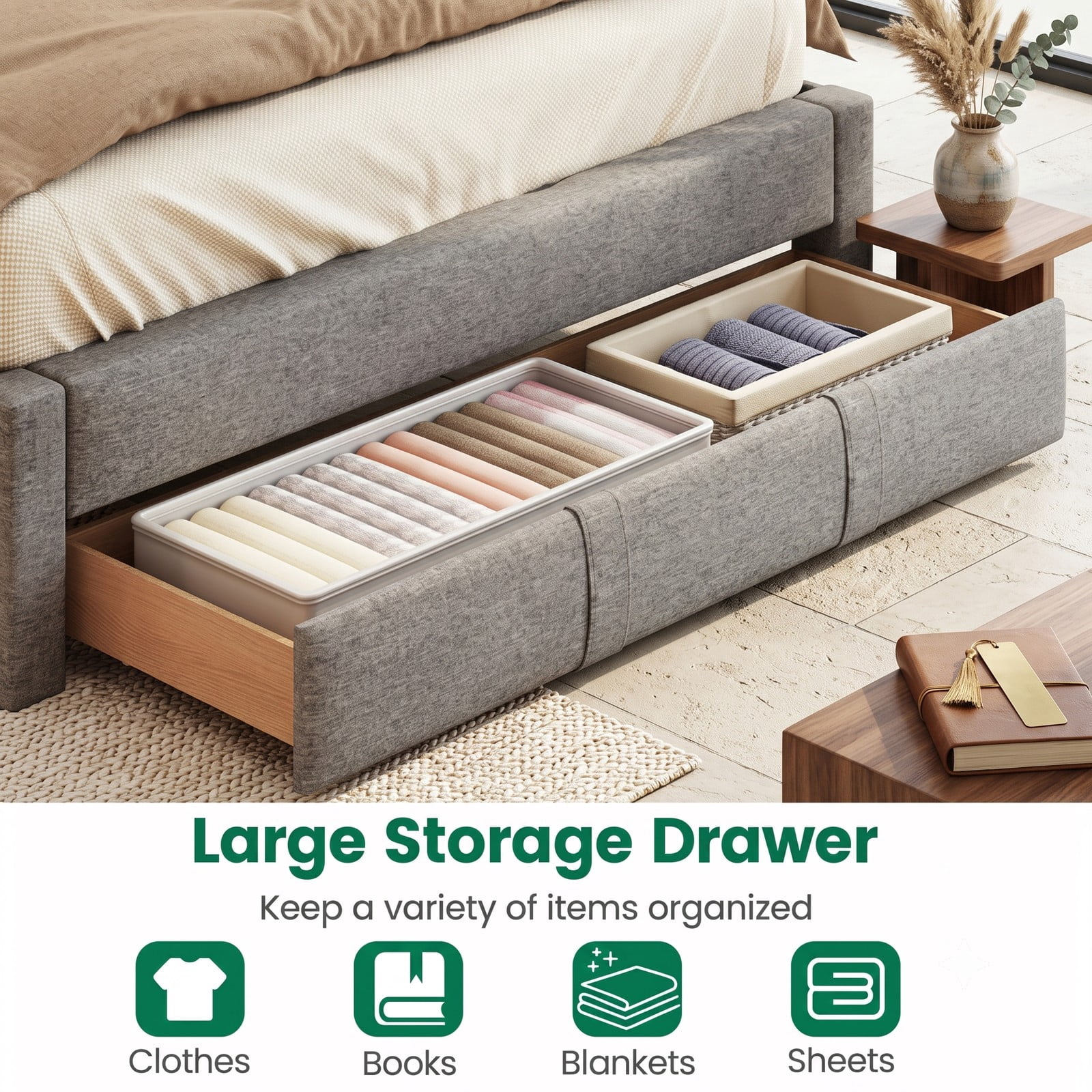 Furnibear Queen Size Upholstered Bed Frame with Wingback Headboard, Storage Bed Frame with Drawer, Queen Platform Bed Frame for Bedroom, Gray