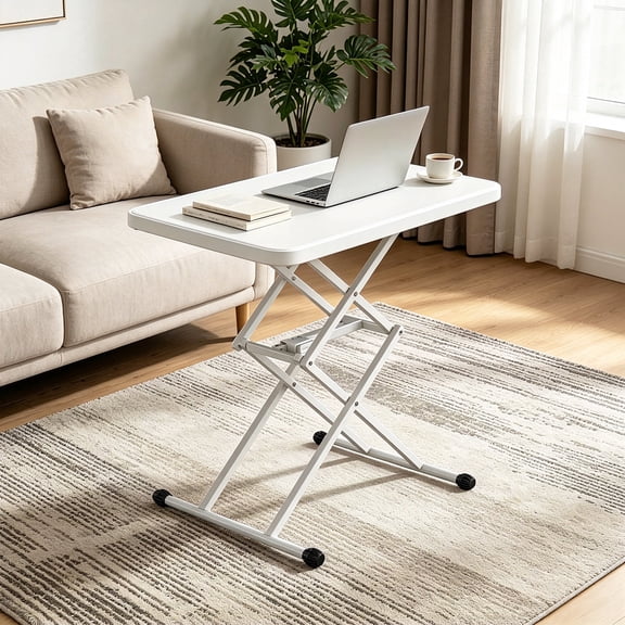 OROFULL 26 inch Small Folding Table, Height Adjustable x Frame Portable Plastic Table for Laptop, Couch, Camping and Small Spaces, White