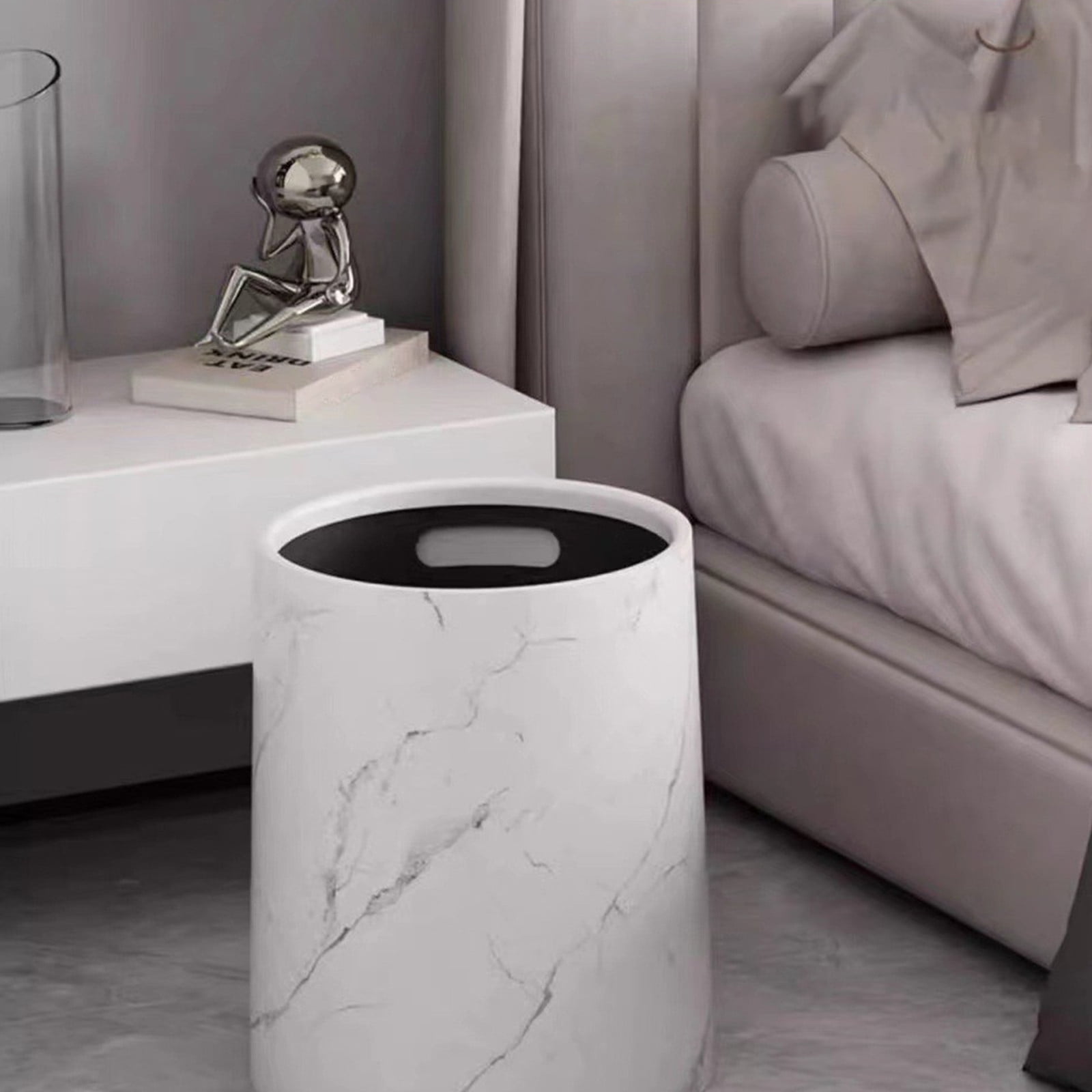 PHIGZNT Round Metal Small 3.9 Gallon Recycle Trash Can Wastebasket, Garbage Container Bin for Bathrooms, Kitchen, Bedroom, Home Office - Durable Stainless Steel - Mirri Collection - White Marble