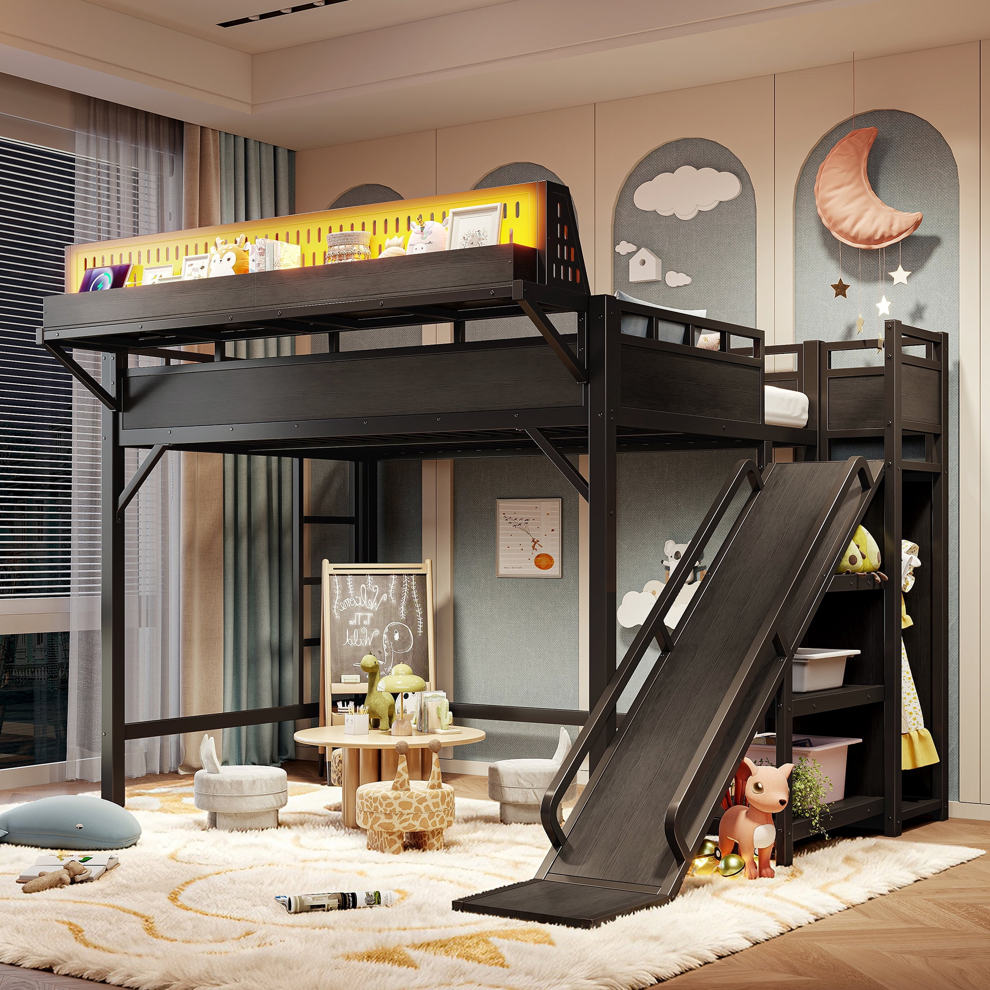 Full Size Metal Loft Bed with Slide and Storage Shelves, Built-in Wardrobe and USB Ports with LED Lights for Kids, Black