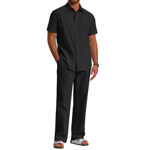 COOFANDY Men's 2 Piece Linen Beach Outfits Short Sleeve Button Down Shirts Loose Pants For Men