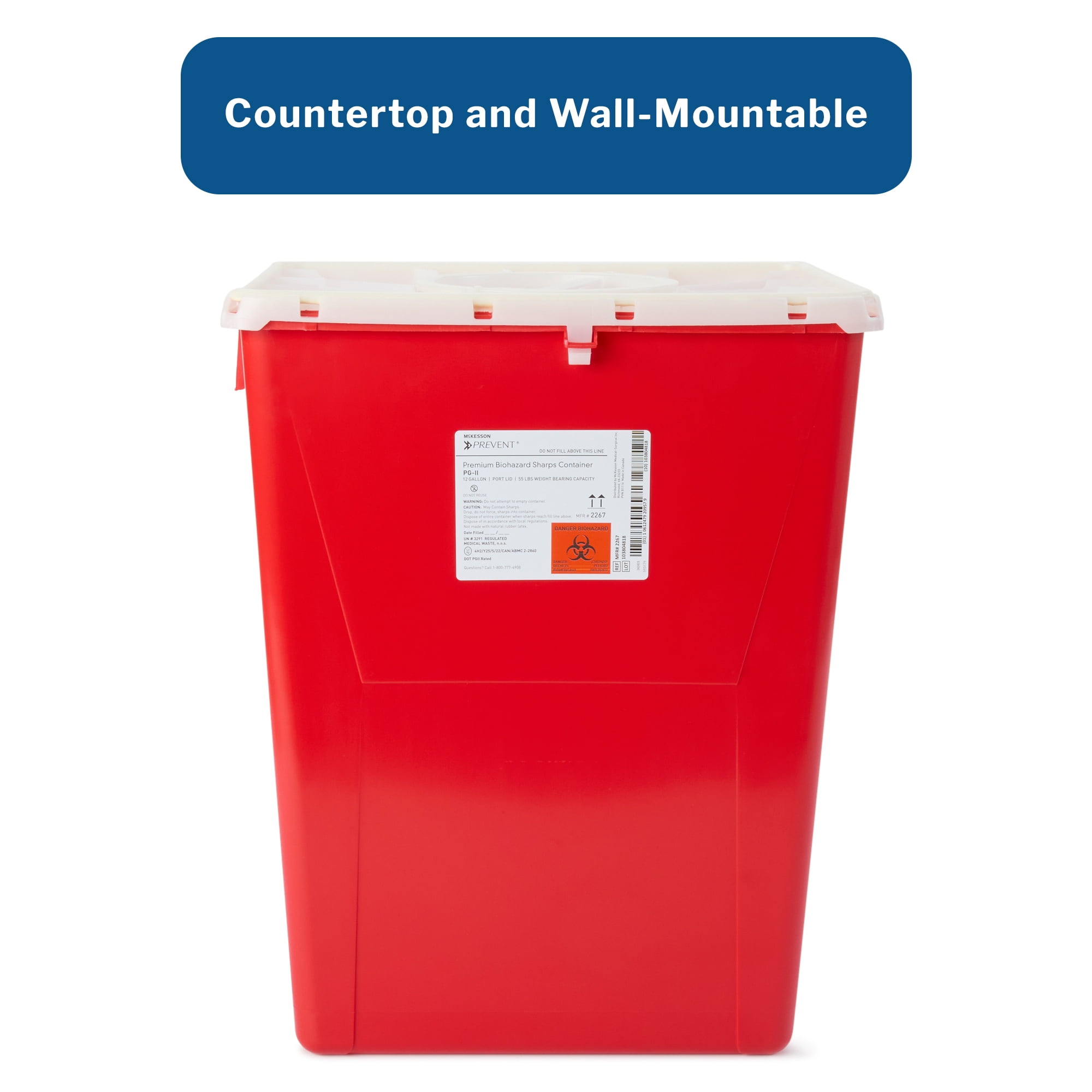 McKesson Prevent Biohazard Sharps Container, Premium - PG-II, Plastic, Vertical Entry, Rotating Lid - Red, 12 gal, 13 in x 17 3/10 in x 20 4/5 in, 1 Ct