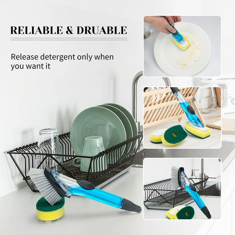 Soap Dispensing Dish Brush with Handle, Scrub Brush with 4 Sponge  Replacement Heads & 2 Adhesive Hooks 