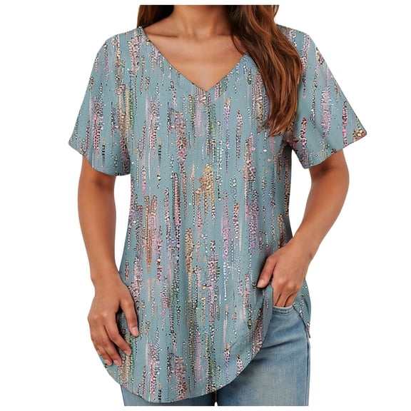 TOWMUS Womens T Shirts V Neck Short Sleeve Casual Tops Loose Fit Basic Tees With Curved Hem