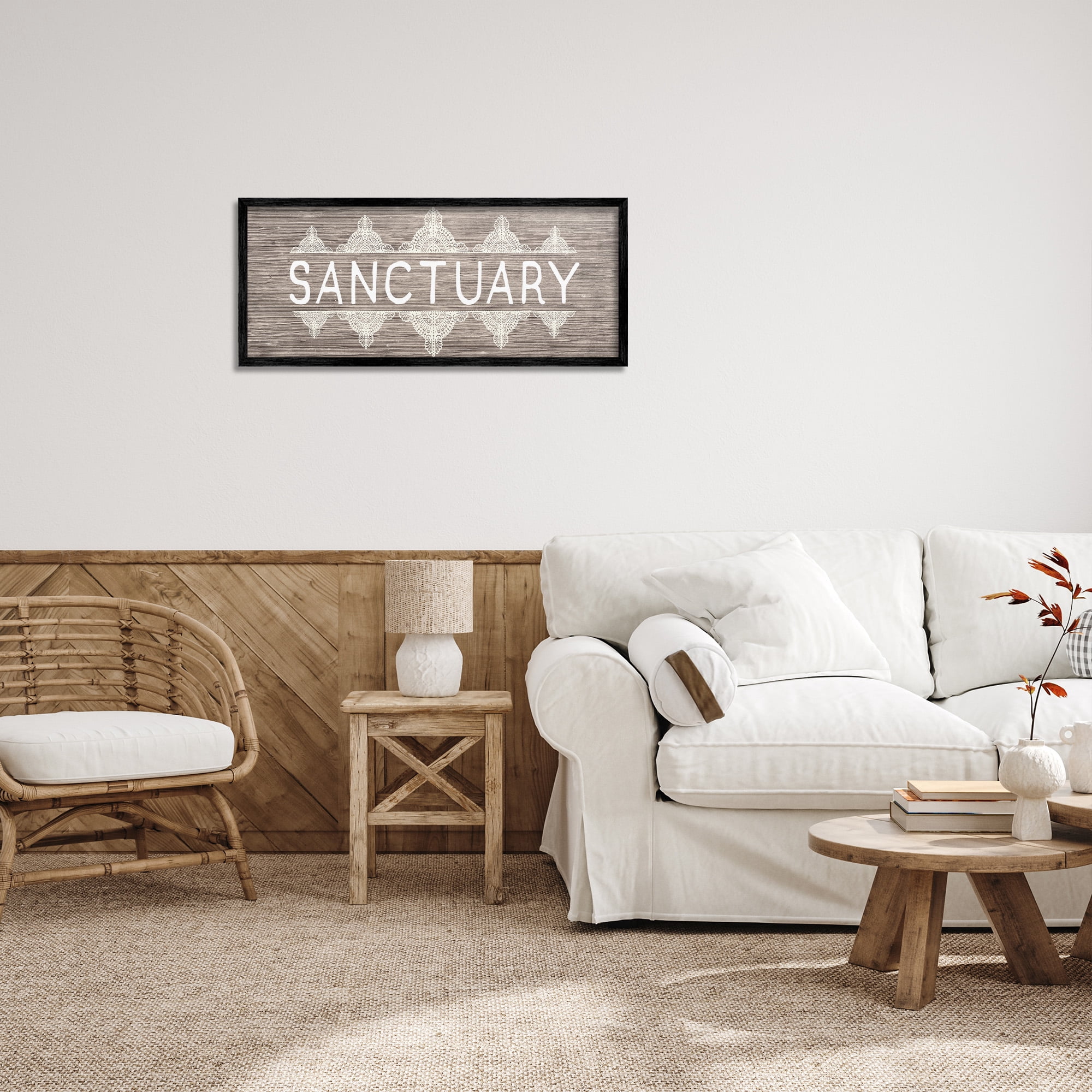 Stupell Industries Sanctuary with Paisley Pattern Typography Painting Black Framed Art Print Wall Art, 30 x 13