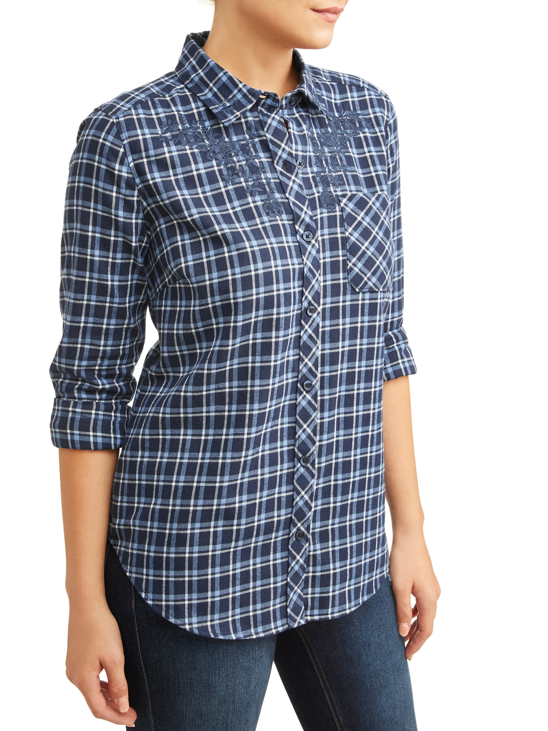 Time and Tru Women's Plaid Shirt With Embroidery - Walmart.com