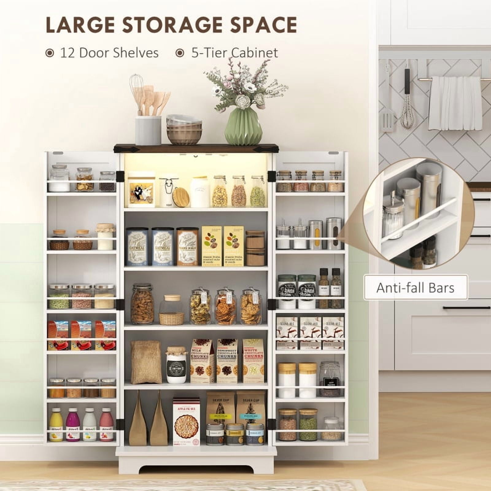 Alvantor Kitchen Pantry Storage Cabinet with LED Light, Adjustable Shelves & Door Racks 23.6" x 15.7" x 47.2" White