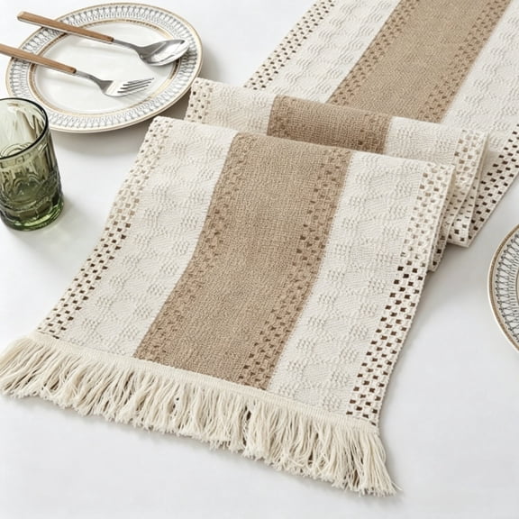2 Pack Burlap Table Runner with Tassels, 12 x 72 Inch Rustic Macrame Style Farmhouse Decor for Thanksgiving Christmas Home