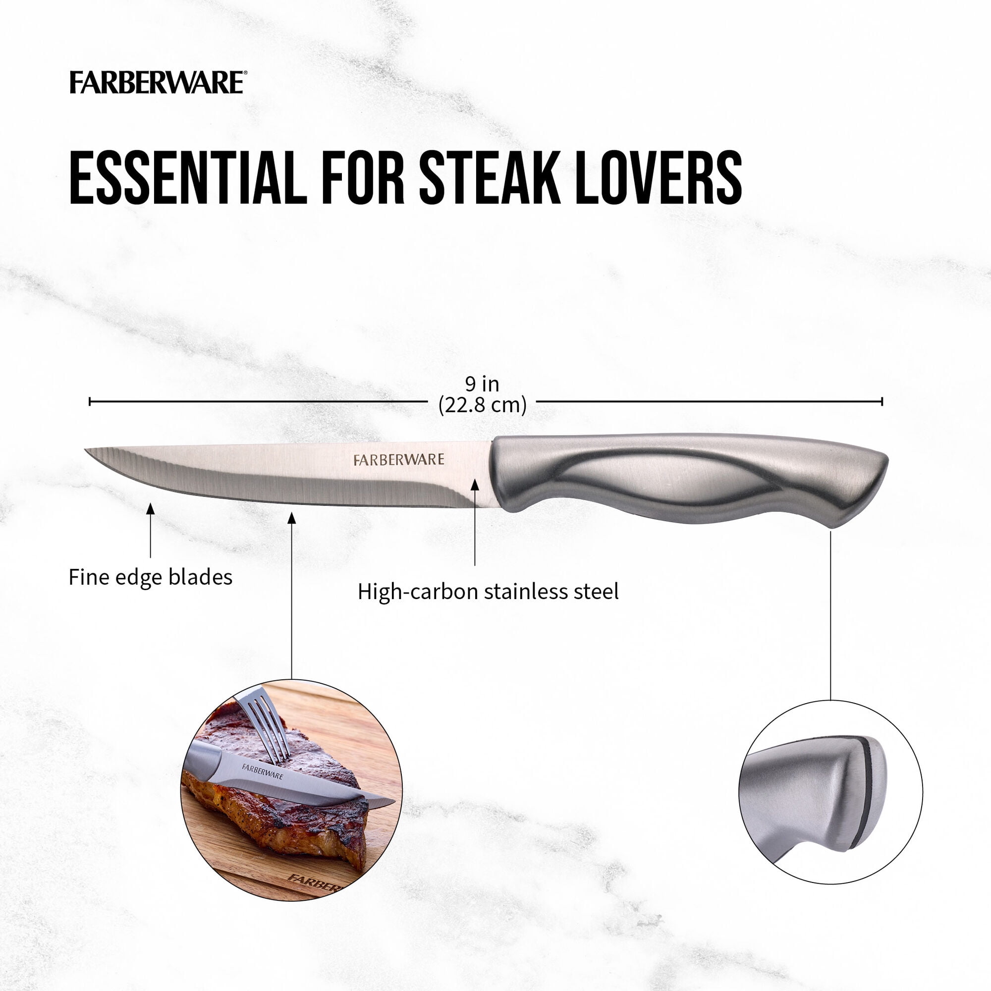 Farberware Classic 4-Piece Stainless Steel Steak Knife Set, Stainless Steel Handles