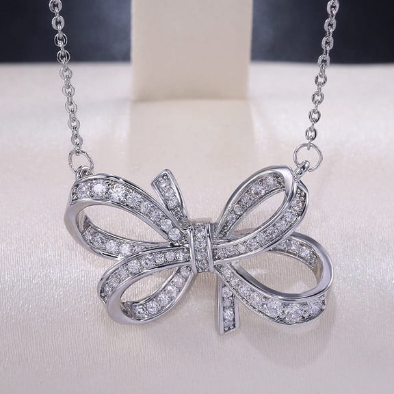 Luxury Female Big Bow Pendant Necklace Cute Silver Zircon Long Collares Necklace Fashion Wedding 925 Necklaces For Women