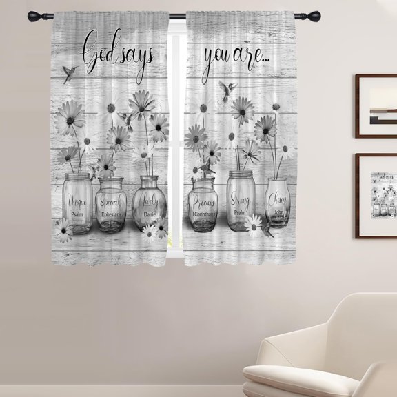Black and White Floral Flowers Window Curtains for Bedroom 42 x 63 Inch Rod Pocket Daisy Bird Rustic Farmhouse Wood Quotes Living Room Treatment Set of 2 Curtain Panels Drapes