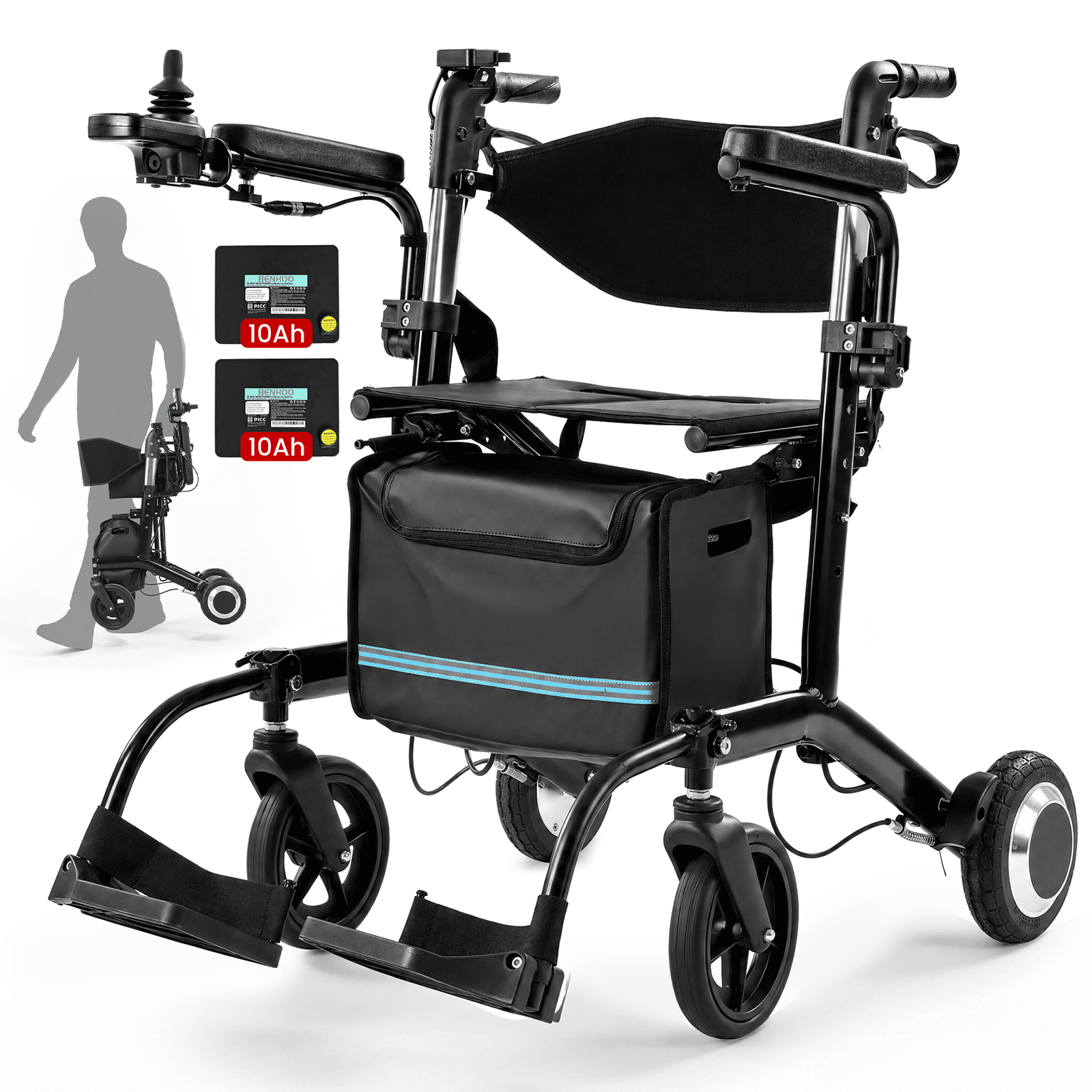 4 in 1 Wheelchair Rollator Walker Combo, 39lbs Lightweight Electric Wheelchair for Adults, Foldable All Terrain Electric Rollator Walker with Seat for Seniors, Dual 10Ah Batteries,Black
