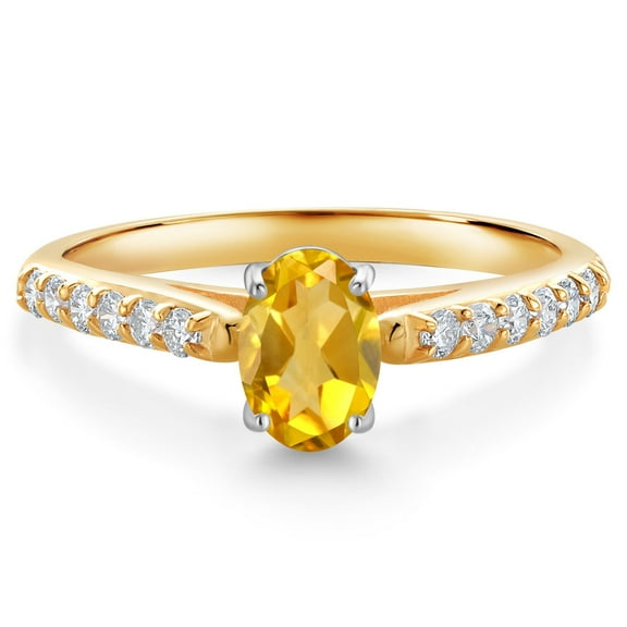 Gem Stone King 10K Two Tone Gold Yellow Citrine and White Lab Grown Diamond Engagement Ring for Women (0.93 Cttw, Gemstone November Birthstone, Oval 7X5MM, Size 6)