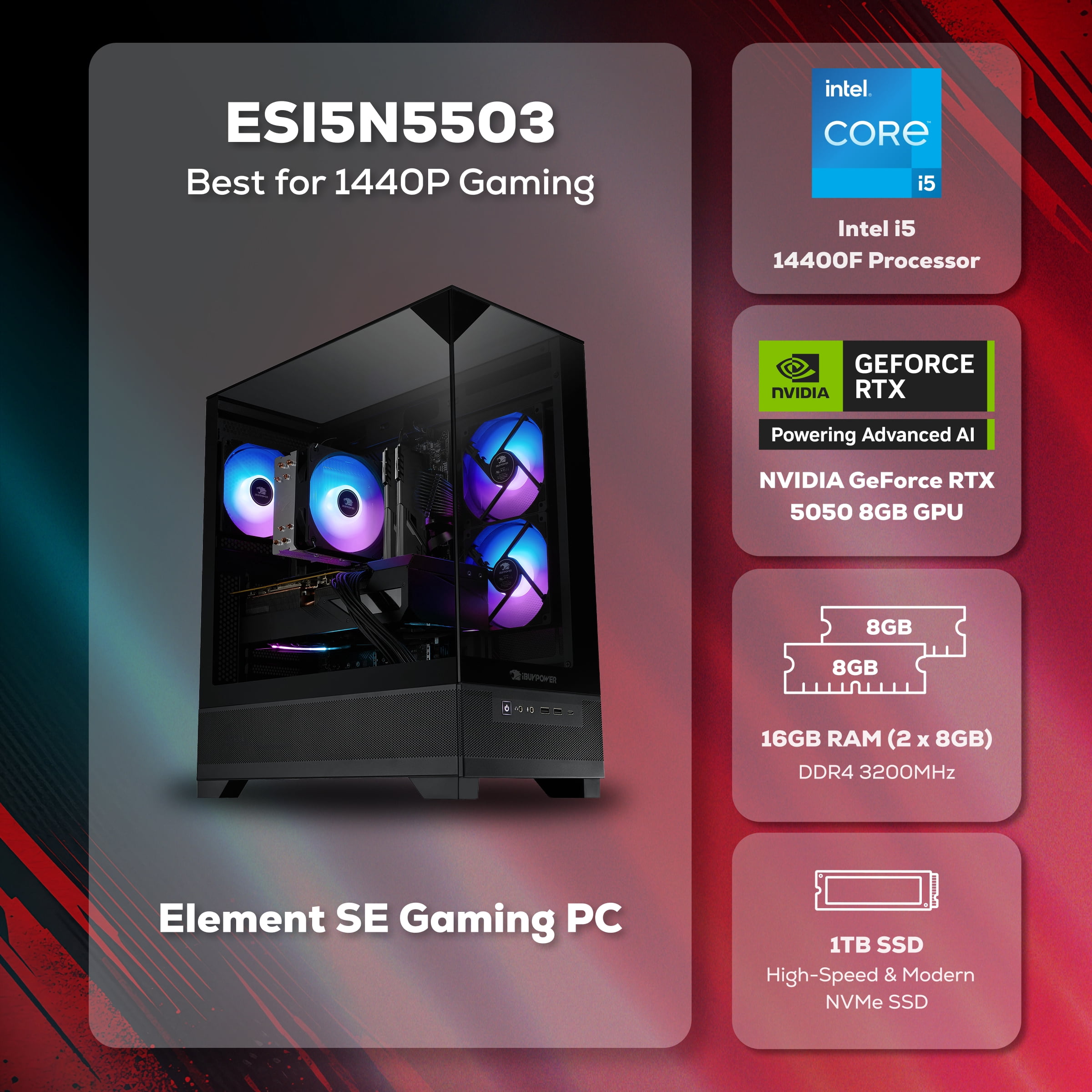 iBUYPOWER Element SE Gaming PC Desktop Computer Intel Core i5 14400F CPU, NVIDIA RTX 5050 8GB GPU, 16GB DDR4 Non-RGB 3200MHz RAM, 1TB NVMe SSD, Windows 11 Home, Gamer Keyboard and Mouse - ESI5N5503