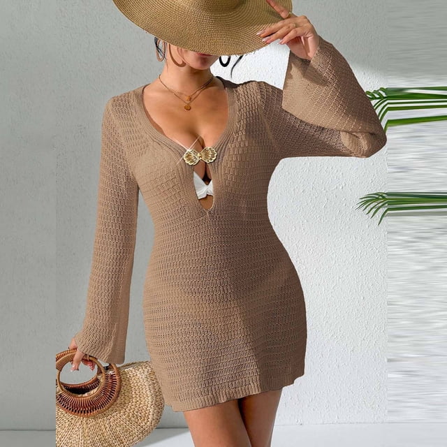 Pounoo Robe Courte Sans Manches à Col en V Ajourée pour Femmes, Cache-Maillot de Plage au Crochet, Garniture Colorée à Franges, Maillot de Bain Assorti, Tenue de Fin de Semaine, Cadeau
