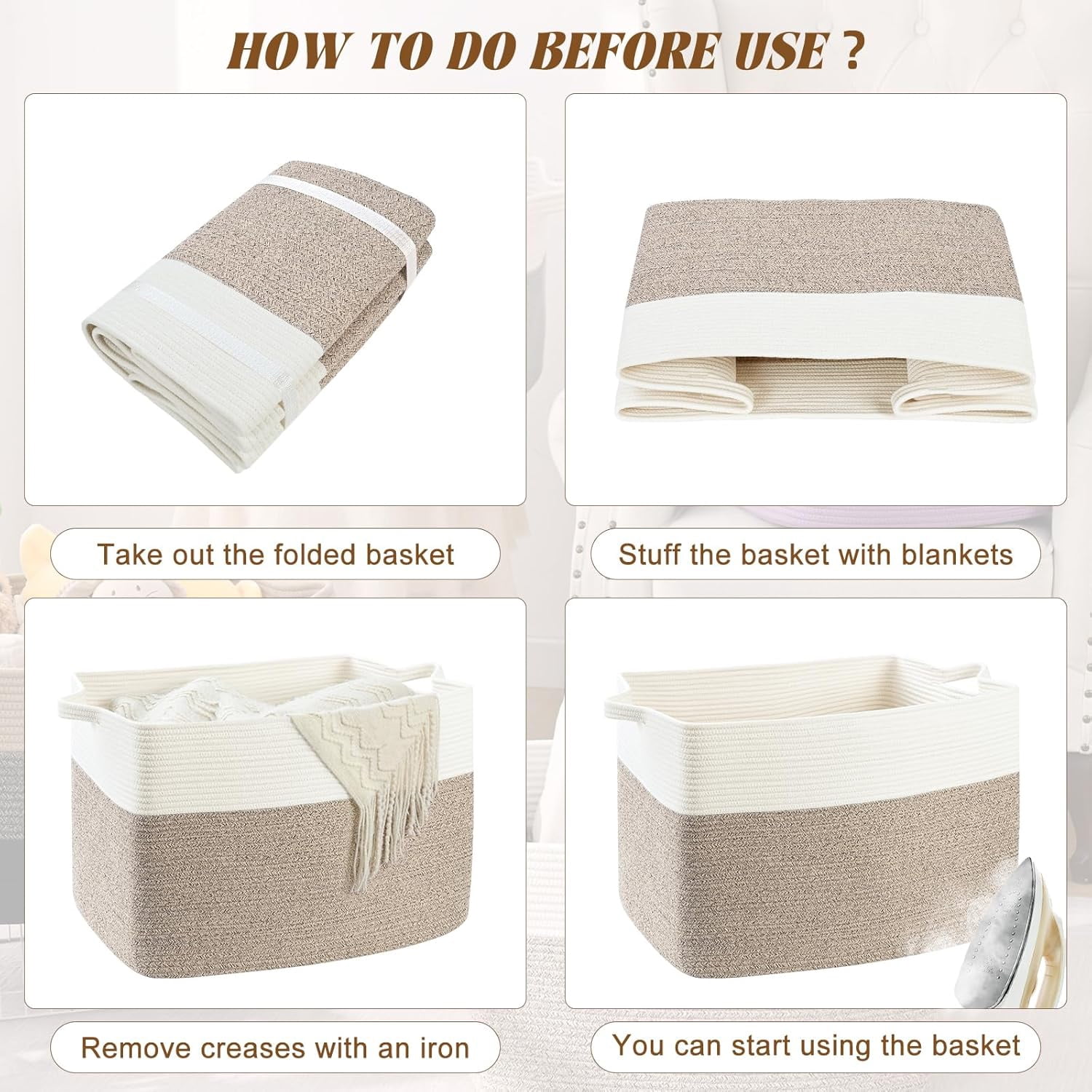 Natubeau Woven Storage Baskets, 60L Large Rectangle Woven Laundry Hampers with Handle, Cotton Rope Blanket Basket for Living Room, Nursery Room, White & Brown