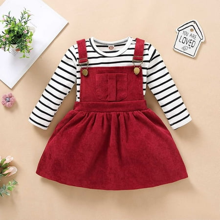 

KONBECA Infant Girls Tops Skirt Outfit Sets Toddler Girls Striped Long Sleeves Costume Suspender Sling Skirt Suit Little Girls Top Infant Skirt Set Wine (18-24 Months)