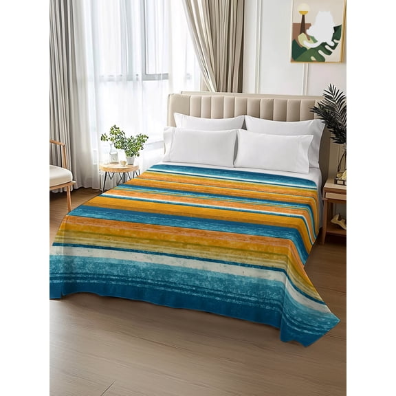 King Size Flat Sheet Only,Blue and Orange Gradient Stripes Soft Top Bed Sheets Breathable Bedding Sheet Retro Ethnic Style Microfiber Hotel Luxury Top Sheets