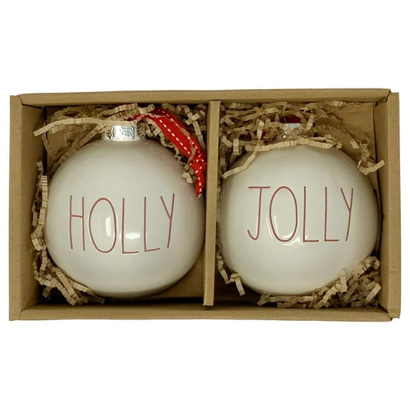 Rae Dunn Holly Jolly Ornements de Noël – Collection Artisanale par Magenta – 2 Magnifiques Ornements/ampoules de Noël Blancs avec Grandes Lettres Rouges LL. Parfait pour Ajouter Plus de Joyeux Noël!