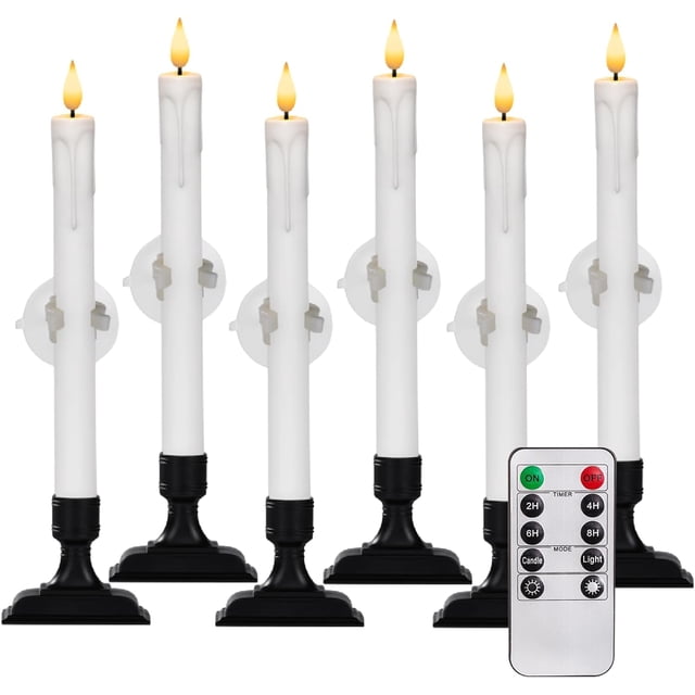 6 Pcs Window Candles with Remote Timer Dimmer, Battery Operated Candlesticks with Holders and Suctions, White LED Christmas Candle for Window Xmas Holiday Decor