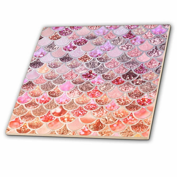 3dRose, Image of Orange Rose gold Shiny Luxury Elegant Mermaid Scales Glitter, 8 Inch Glass Tile