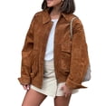 thumbnail image 2 of Chaqueta Vintage de Ante Sintético para Mujer, con Cremallera, Cuello de Solapa, Estilo Motero Corto. Marrón XL, 2 of 8