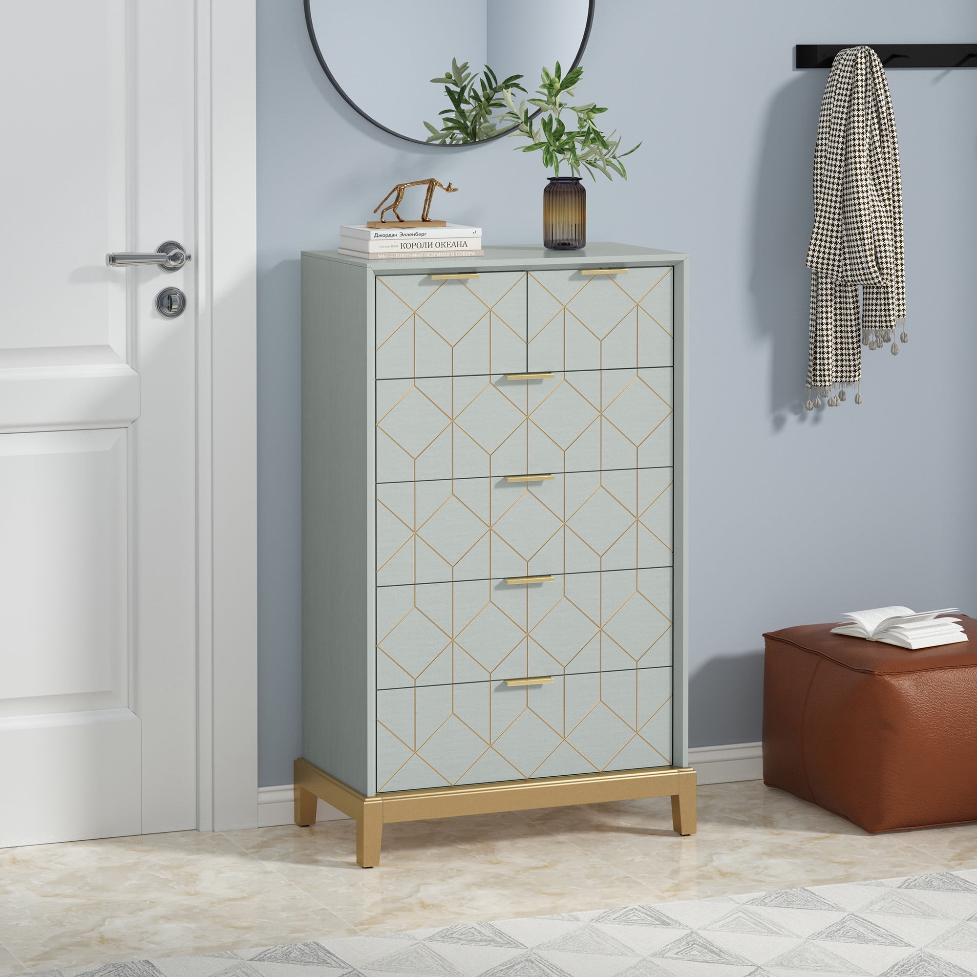 HLR Tall Storage 6-Drawer Modern Chest of Drawers with Gold Trim, Green