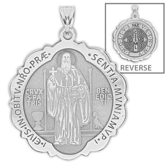 PicturesOnGold.com Saint Benedict Scalloped Round Religious Medal - 1″ Size of a Quarter, Solid 14K White Gold