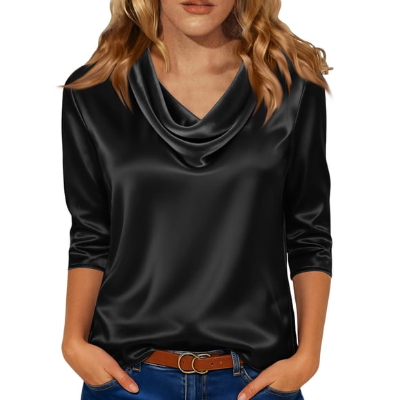 OIOLOYJM Silk Satin Blouses for Women Casual 3/4 Sleeve Satin Blouse Fashion Cowl Neck Shirts Professional Summer Clothes Black XXL