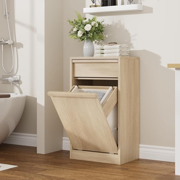 PYY Farmhouse Tilt-Out Laundry Hamper Cabinet - Single Wooden Storage with Drawer & Basket - Hidden Laundry or Trash Can Organizer - Bathroom & Kitchen Use - Natural Wood Color, Single cabinet