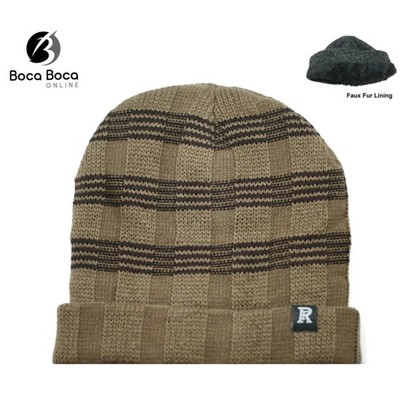 Unisex Soft Winter Beanie Plush Fur Lined Knit Striped Top-Solid Fold WN4596-2