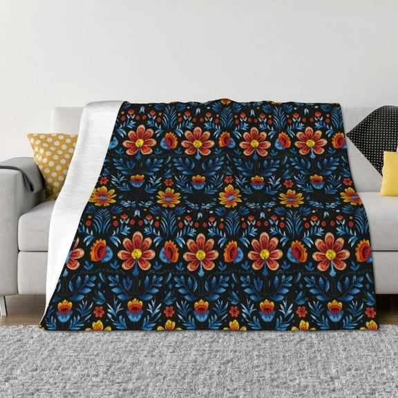 Fuzoiu Mexican Flower Print Flannel Blanket,Throw Blanket,Flannel Home Decor,Fleece Bed Blankets,Cozy Soft Blanket for Bed, Sofa, Camping, and Travel-40"x30"